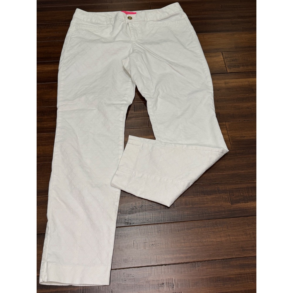 Lilly Pulitzer White Jacquard Straight Leg Pants Stretch Cotton Resort Size 10